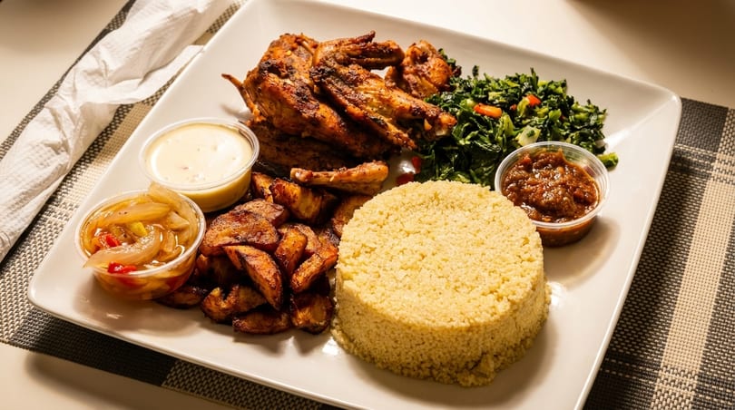 Grilled chicken wings, couscous, greens, fried plantains, and sauces on a white plate.